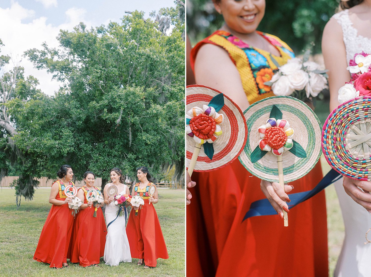 bridesmaids hold woven bouquets for Mexican inspired wedding