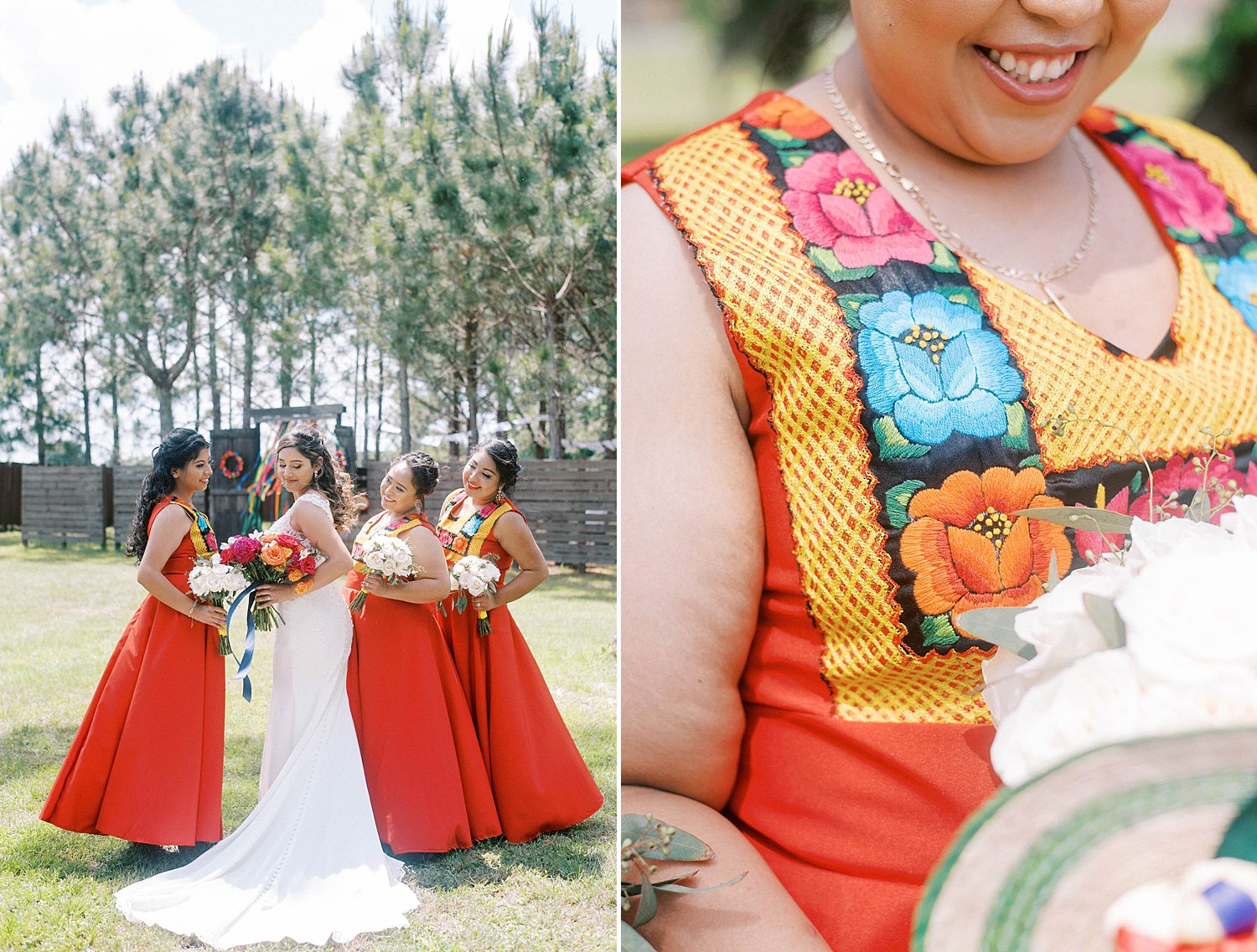 bridesmaids in colorful orange dresses from Mexico smile at bride