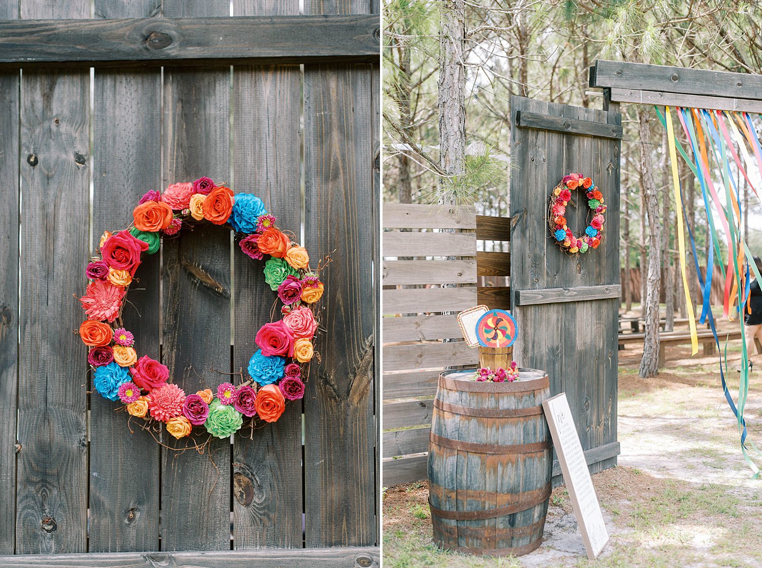 colorful ceremony details on wooden doors at The Barn At Lone Oak Acres