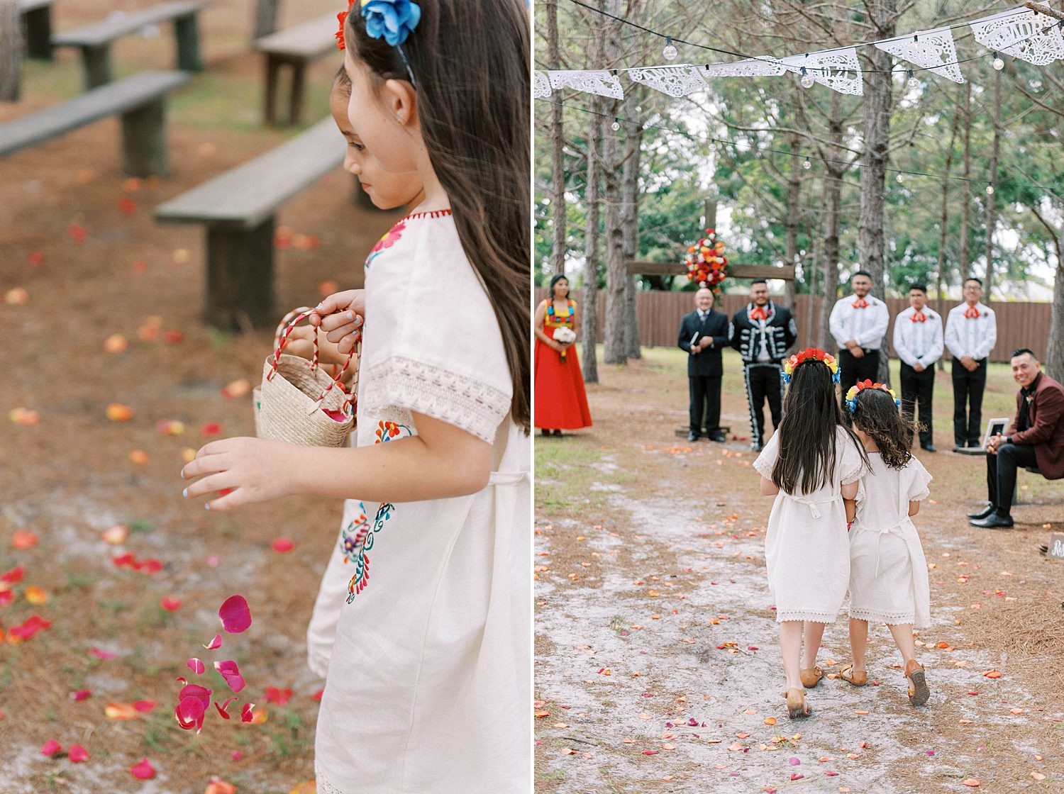 flower girls walk down aisle for Mexican inspired wedding
