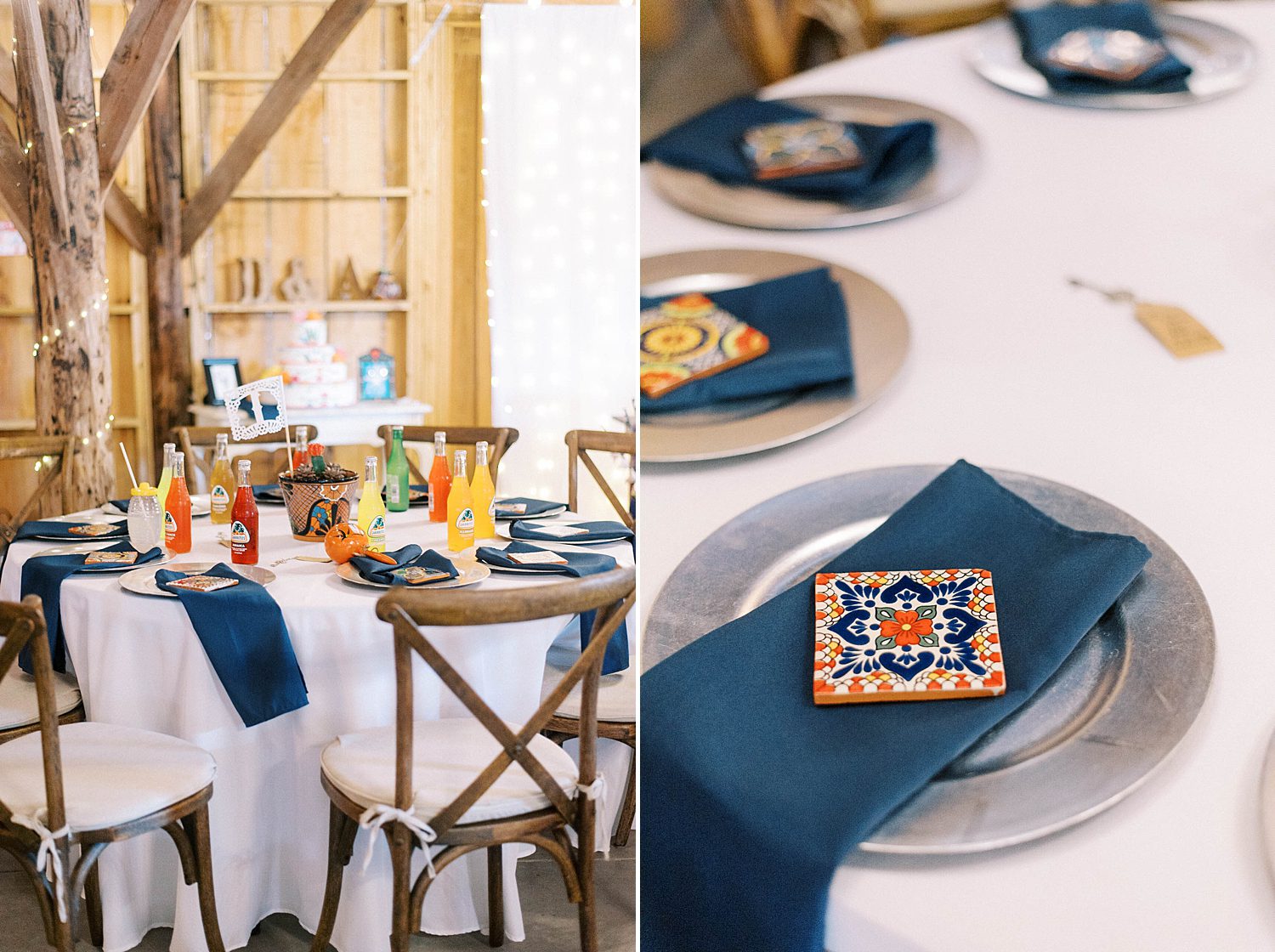 place settings with blue napkins and Mexican tiles
