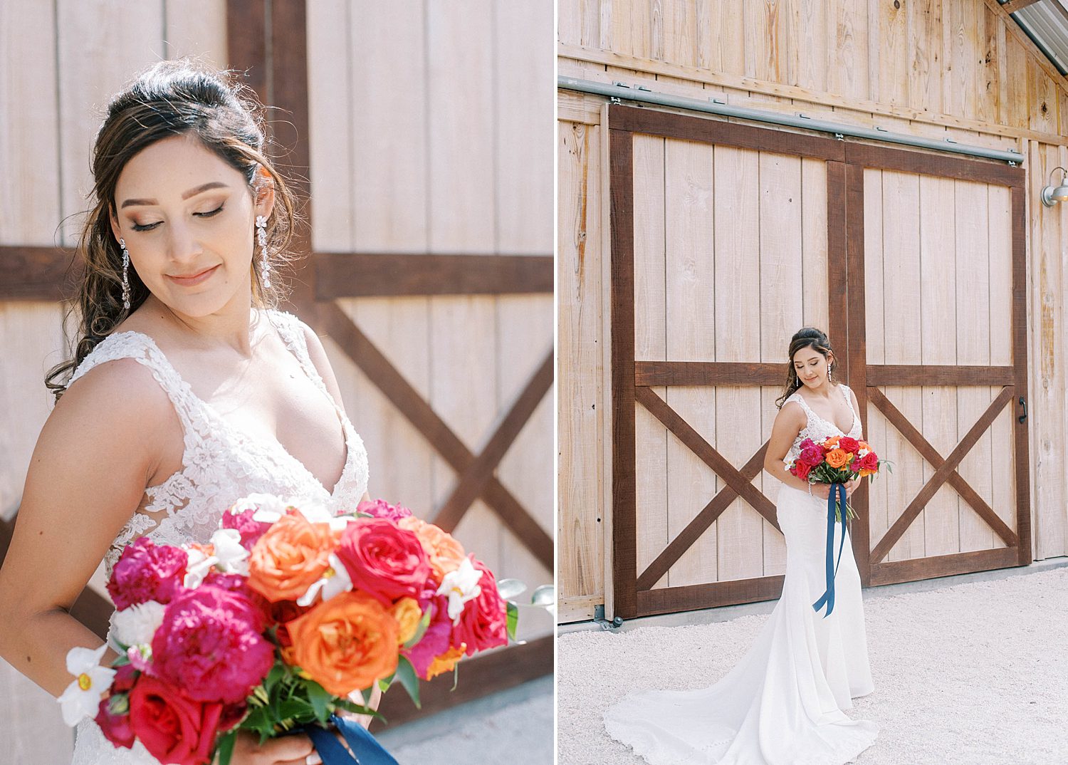 bride holds bouquet of pink and orange flowers outside wooden barn