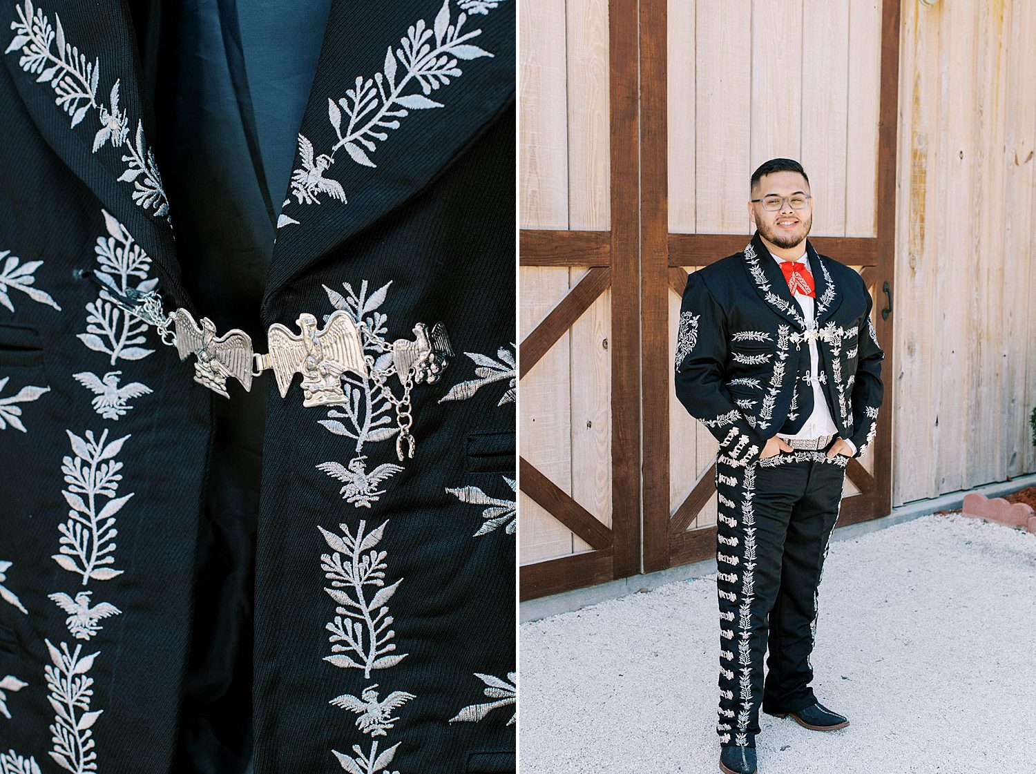 groom poses in custom black suit from Mexico