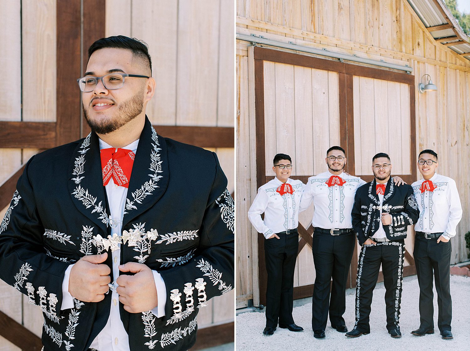 groom stands with groomsmen in traditional Mexican attire