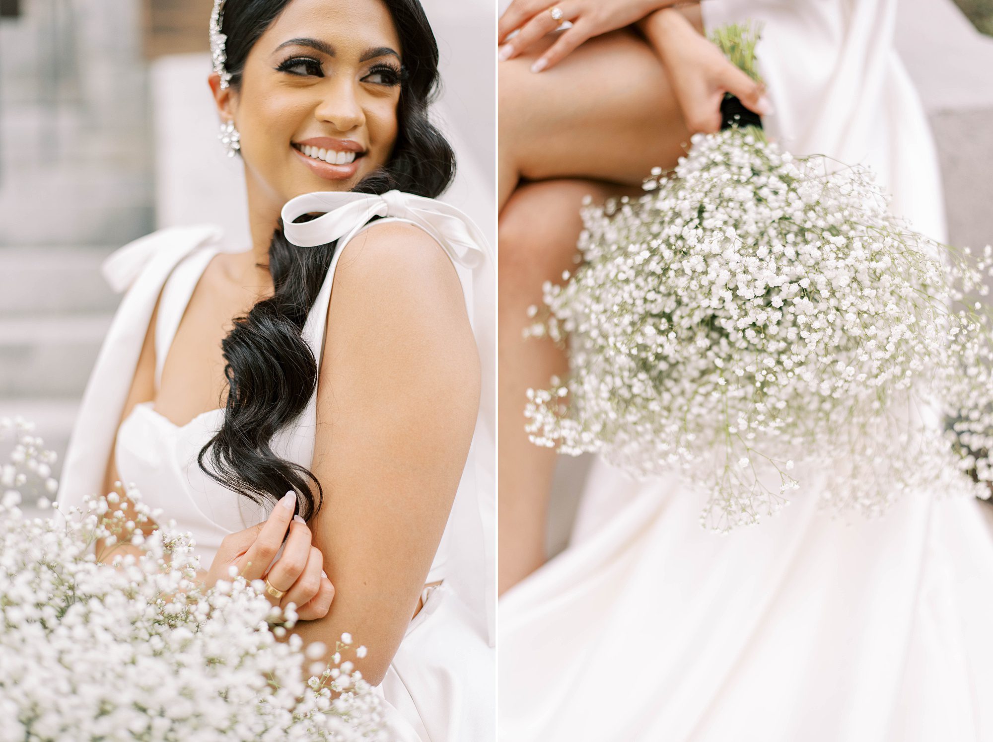 woman smiles holding bouquet of baby's breath in Delana Muse gown