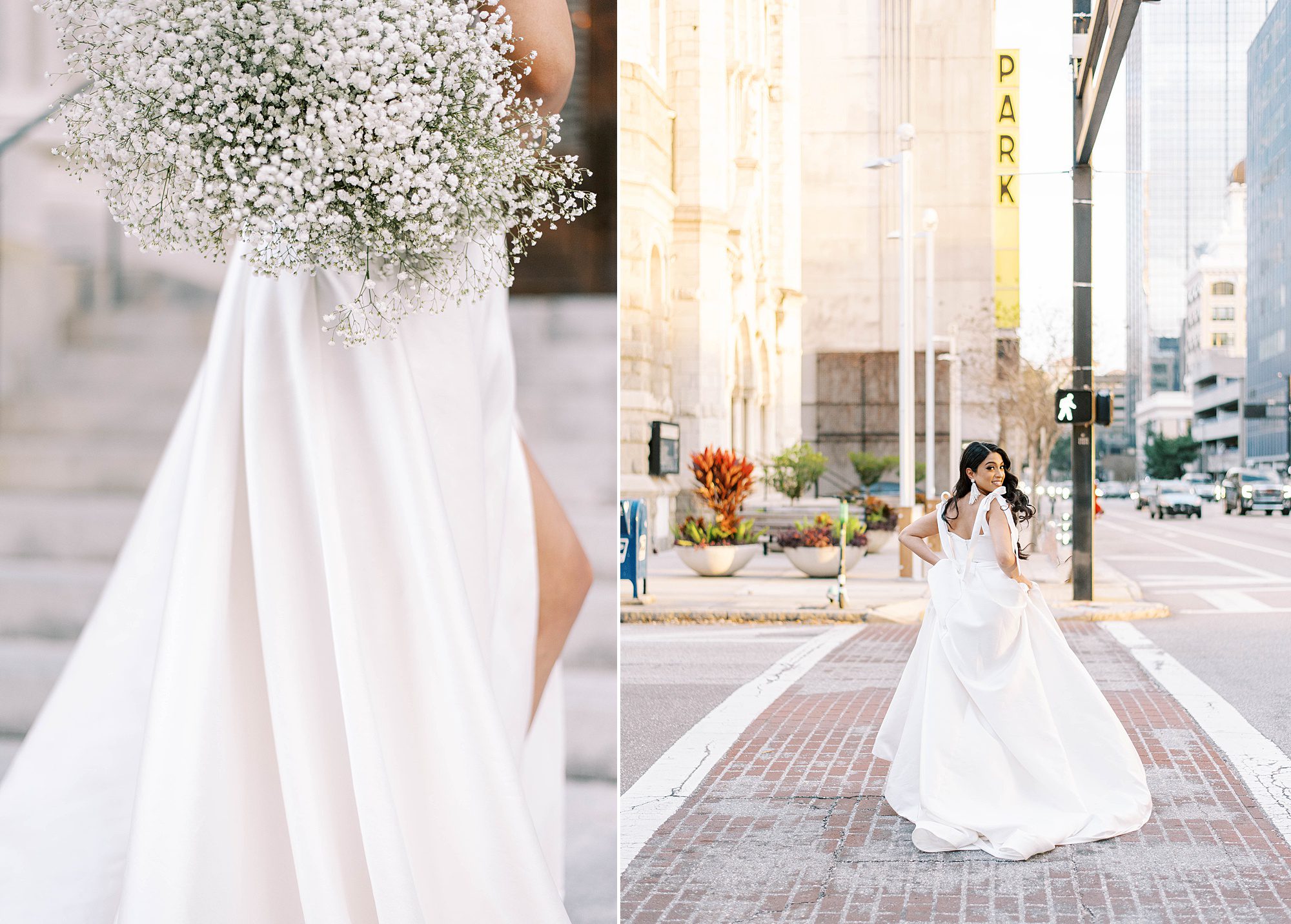 woman walks down street in Delana Muse gown