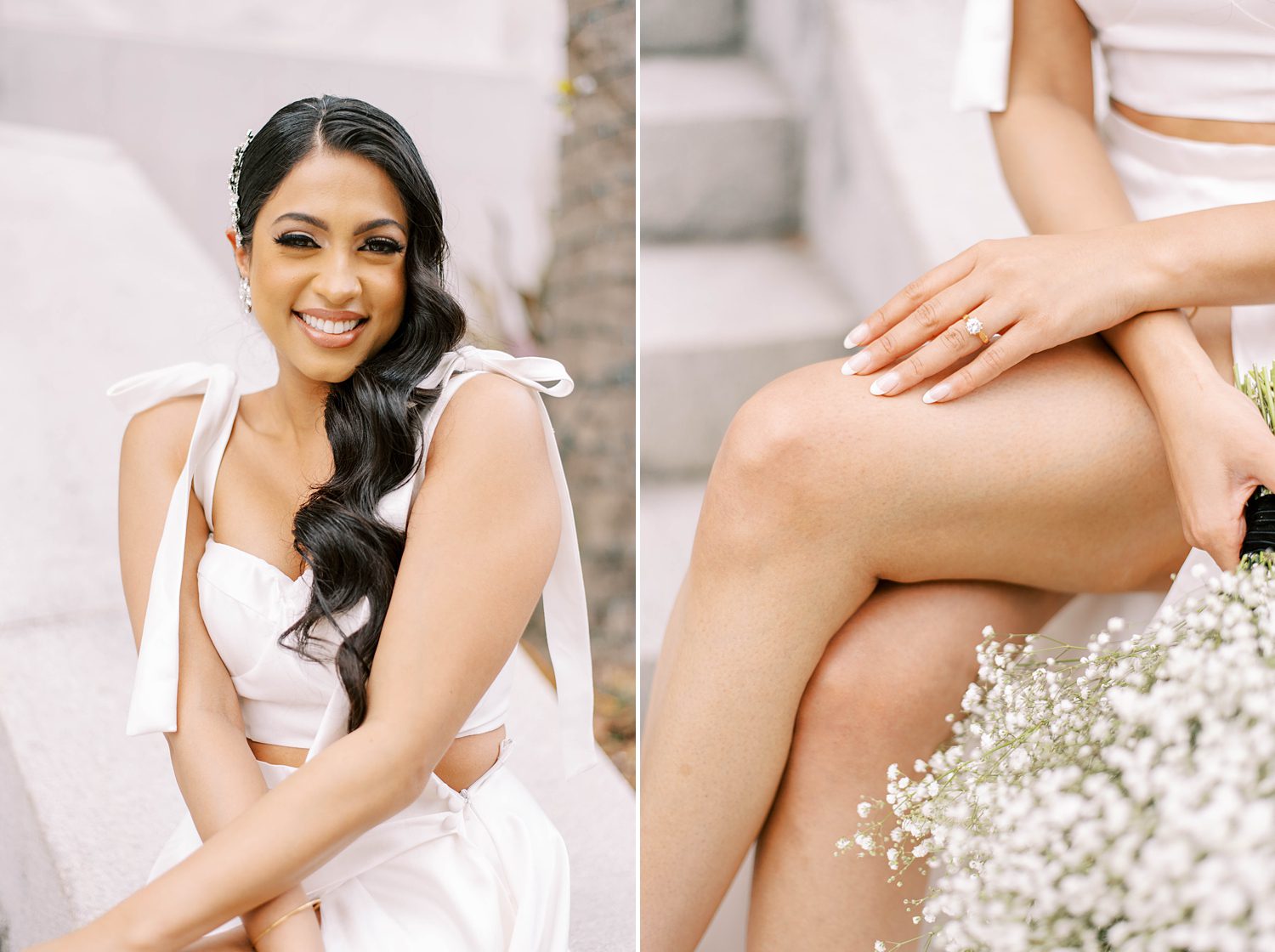 young bride laughs in modern wedding gown on courthouse steps 