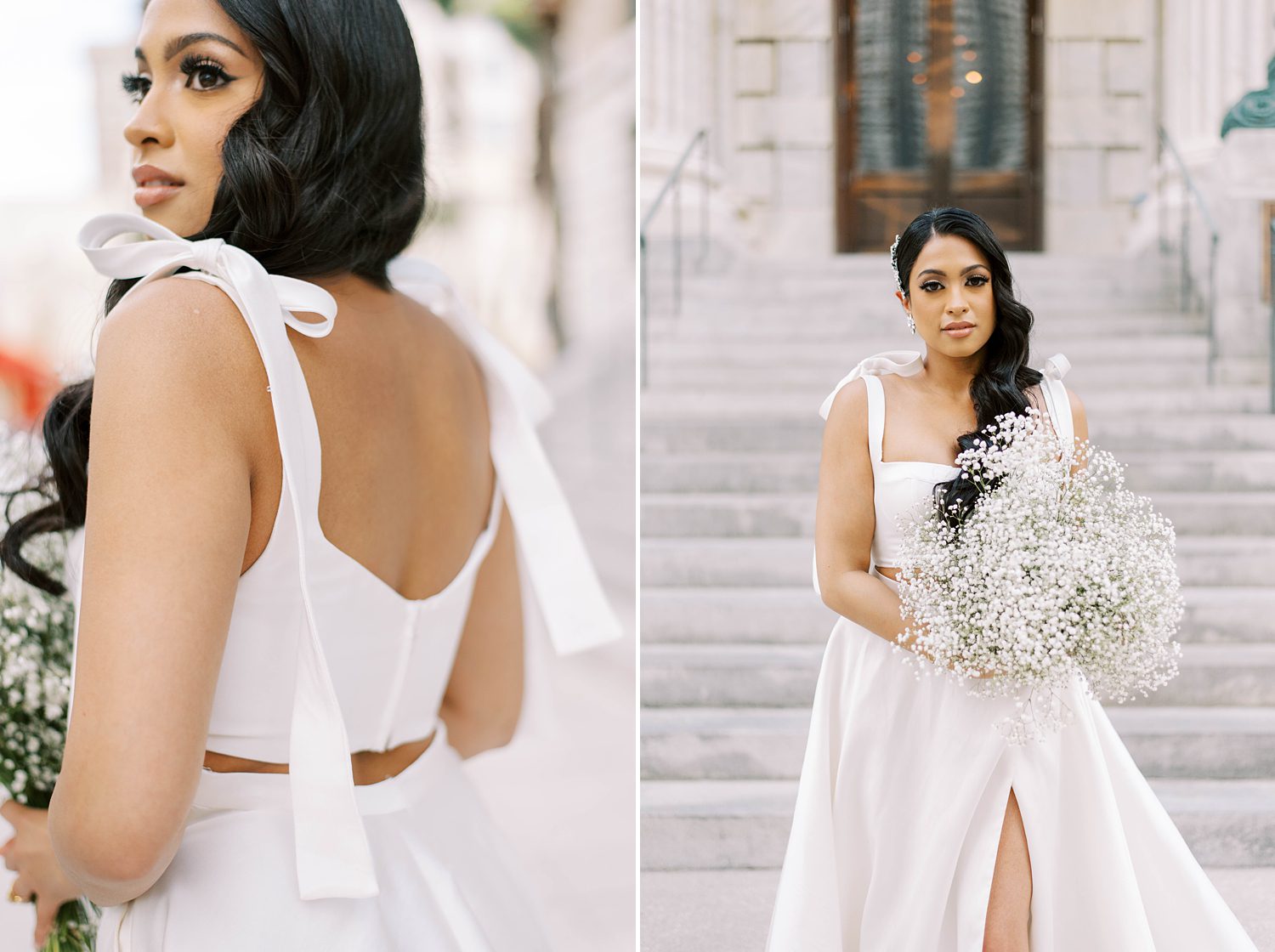 bride looks over shoulder in Delana Muse gown with bows on shoulder 