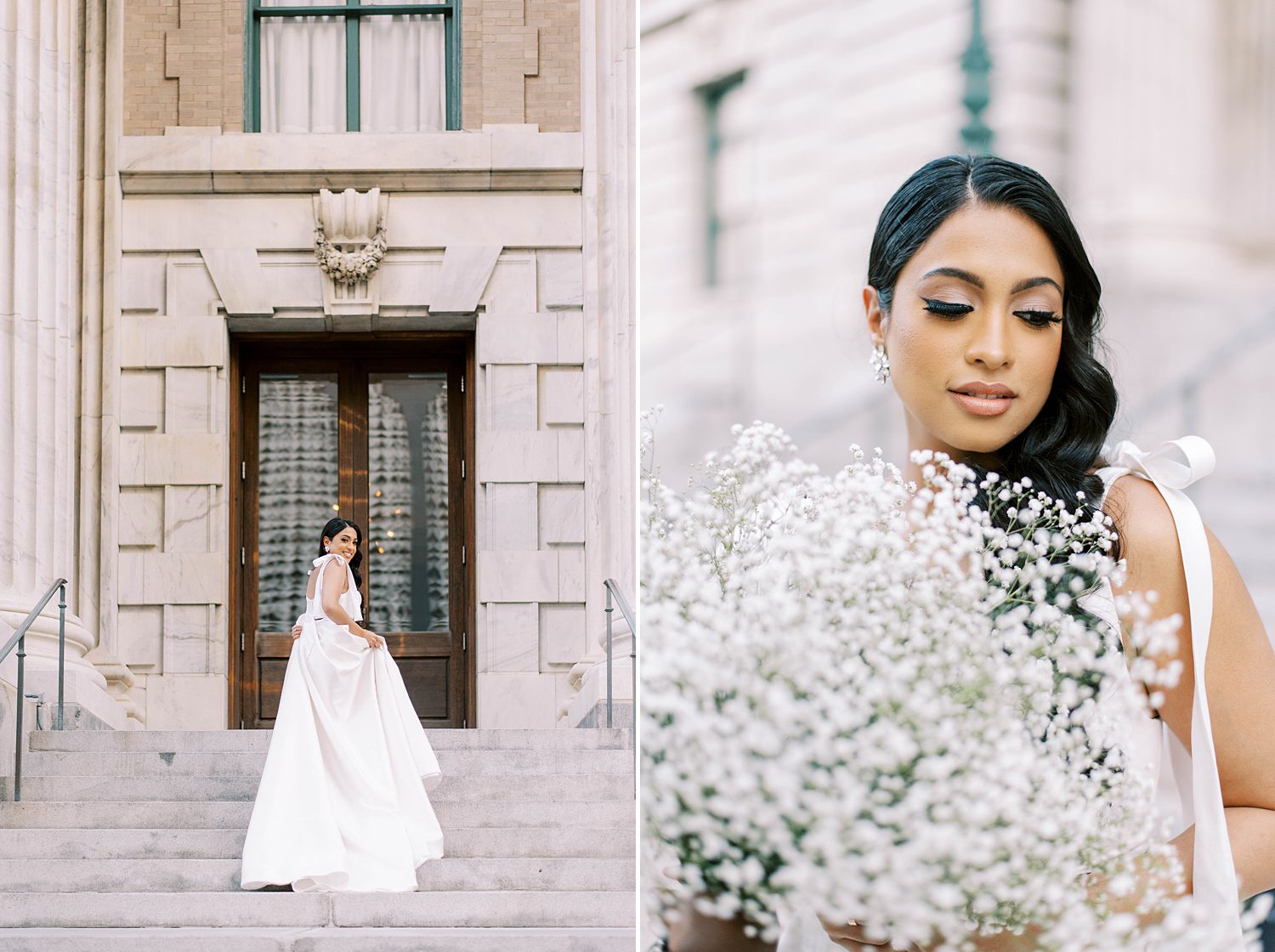 bride walks up courthouse in Tampa FL with bouquet of baby's breath 