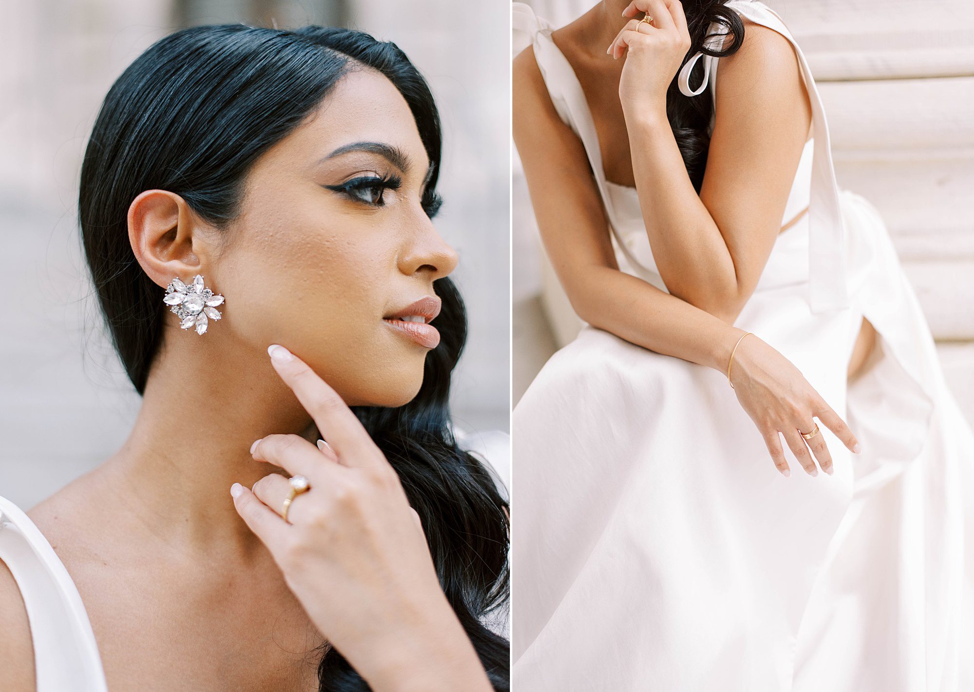 woman leans forward in Delana Muse gown showing off floral earrings 