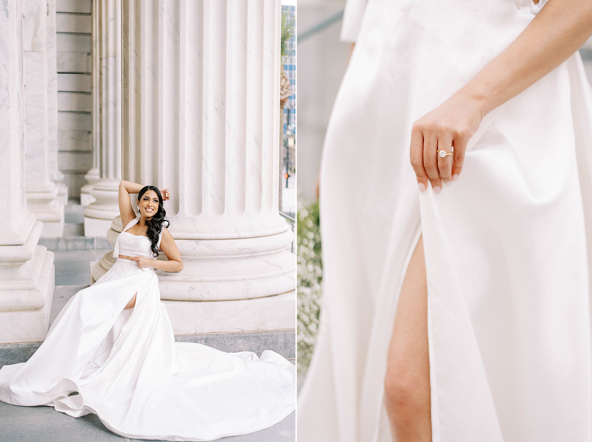 bride leans against column of Tampa courthouse in Delana Muse gown