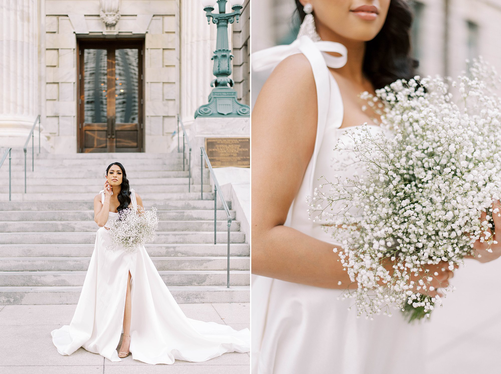 bride sits on steps in two-piece Delana Muse gown