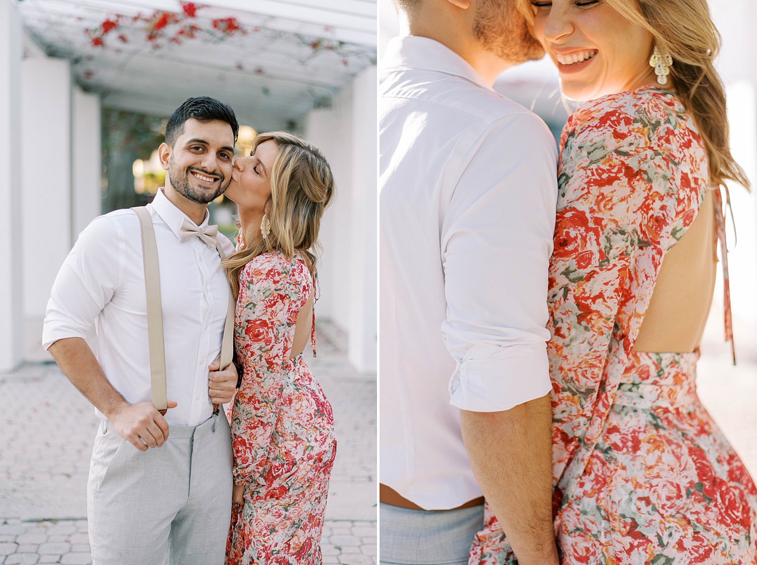 woman kisses fiancee on cheek during Tampa FL engagement photos