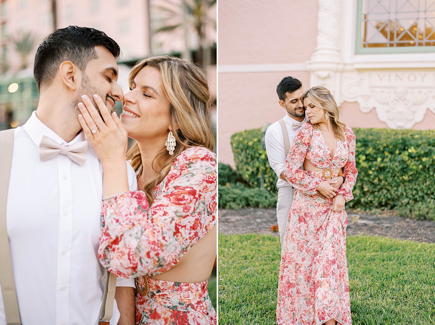 engaged couple poses by pink building in St. Pete