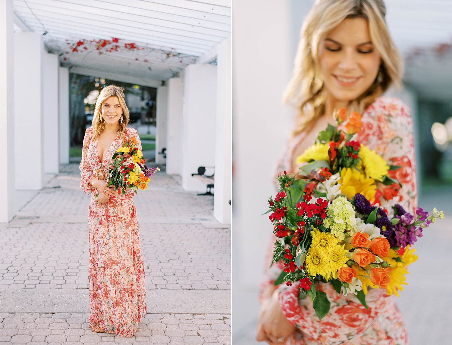 bride wears colorful spring dress and holds bright bouquet for Vinoy Renaissance engagement session