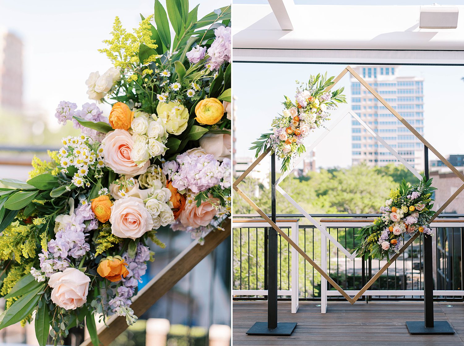yellow, white, and orange floral display on gold ceremony arbor