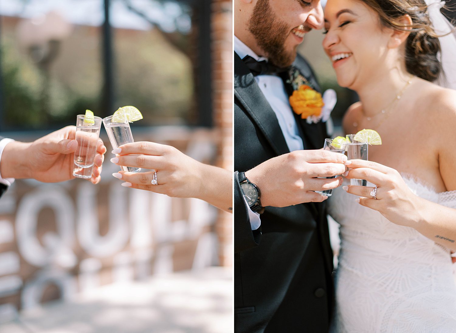 bride and groom toast drinks during brunch wedding