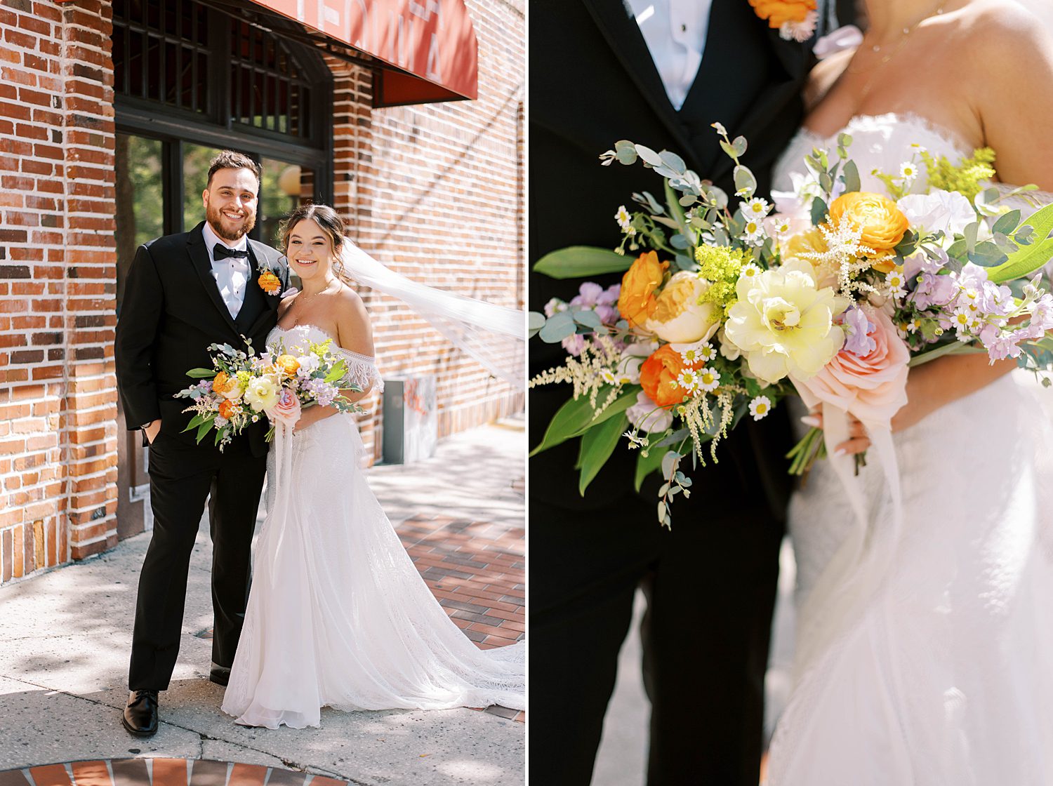 bride and groom stand outside St. Pete FL ceremony