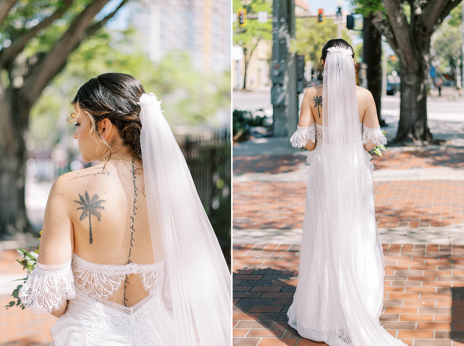 bride walks down sidewalk in St. Pete FL