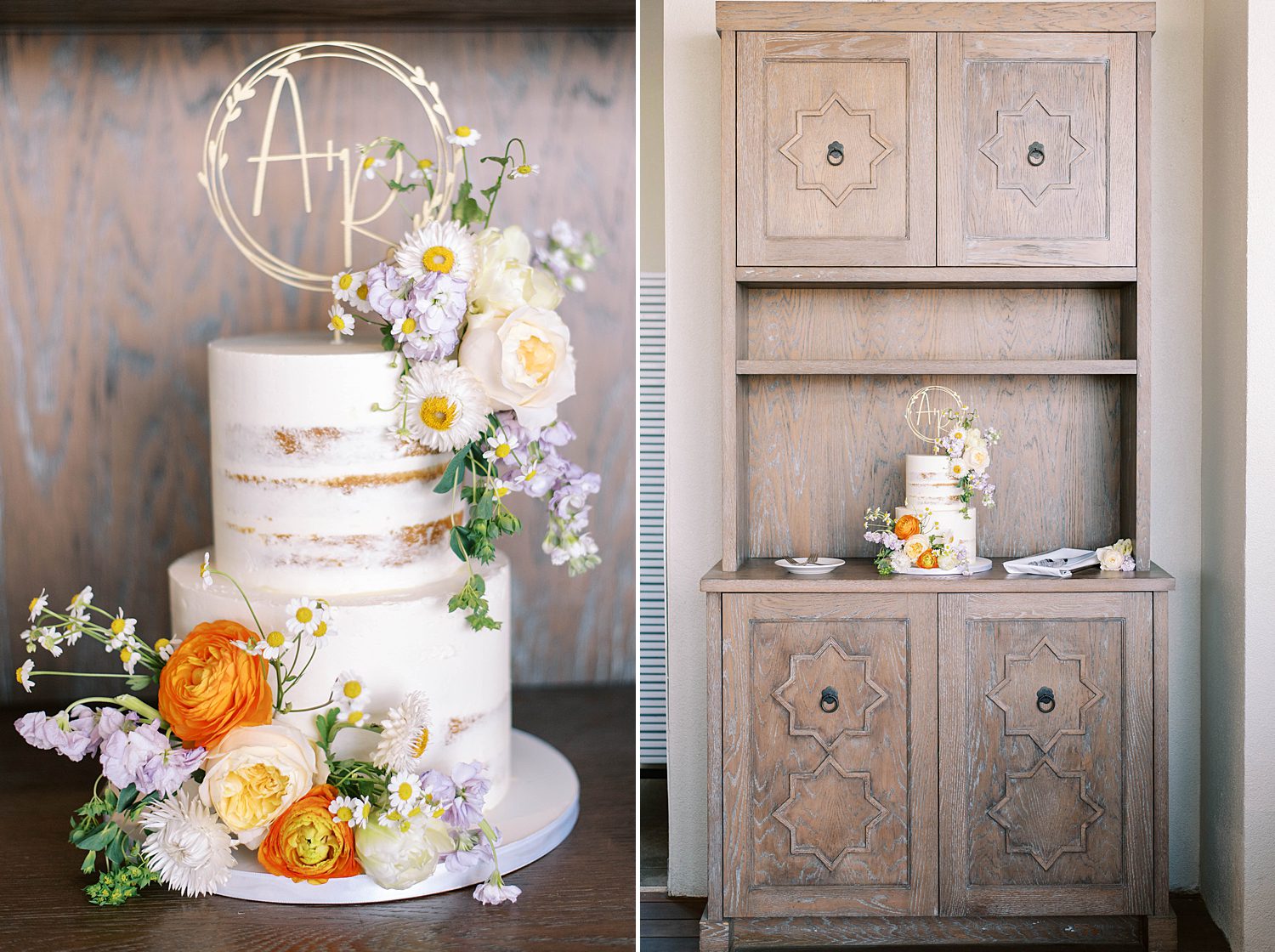 tiered wedding cake with bright floral accents
