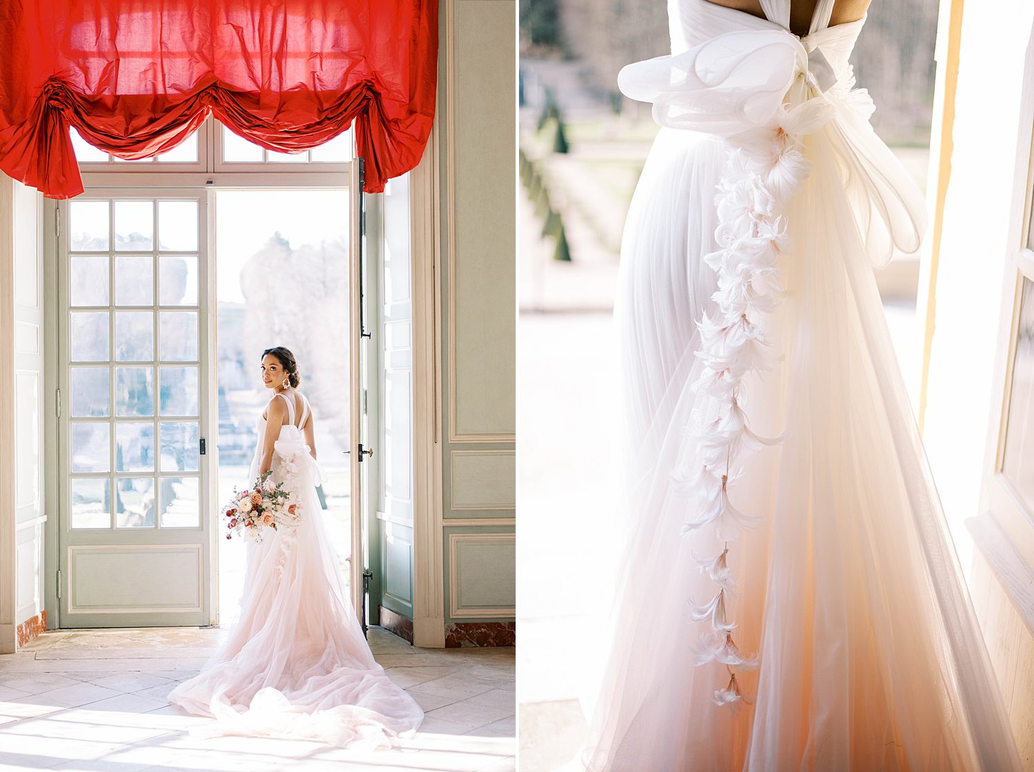 bride stands in doorway of Chateau de Villette in Marchesa gown