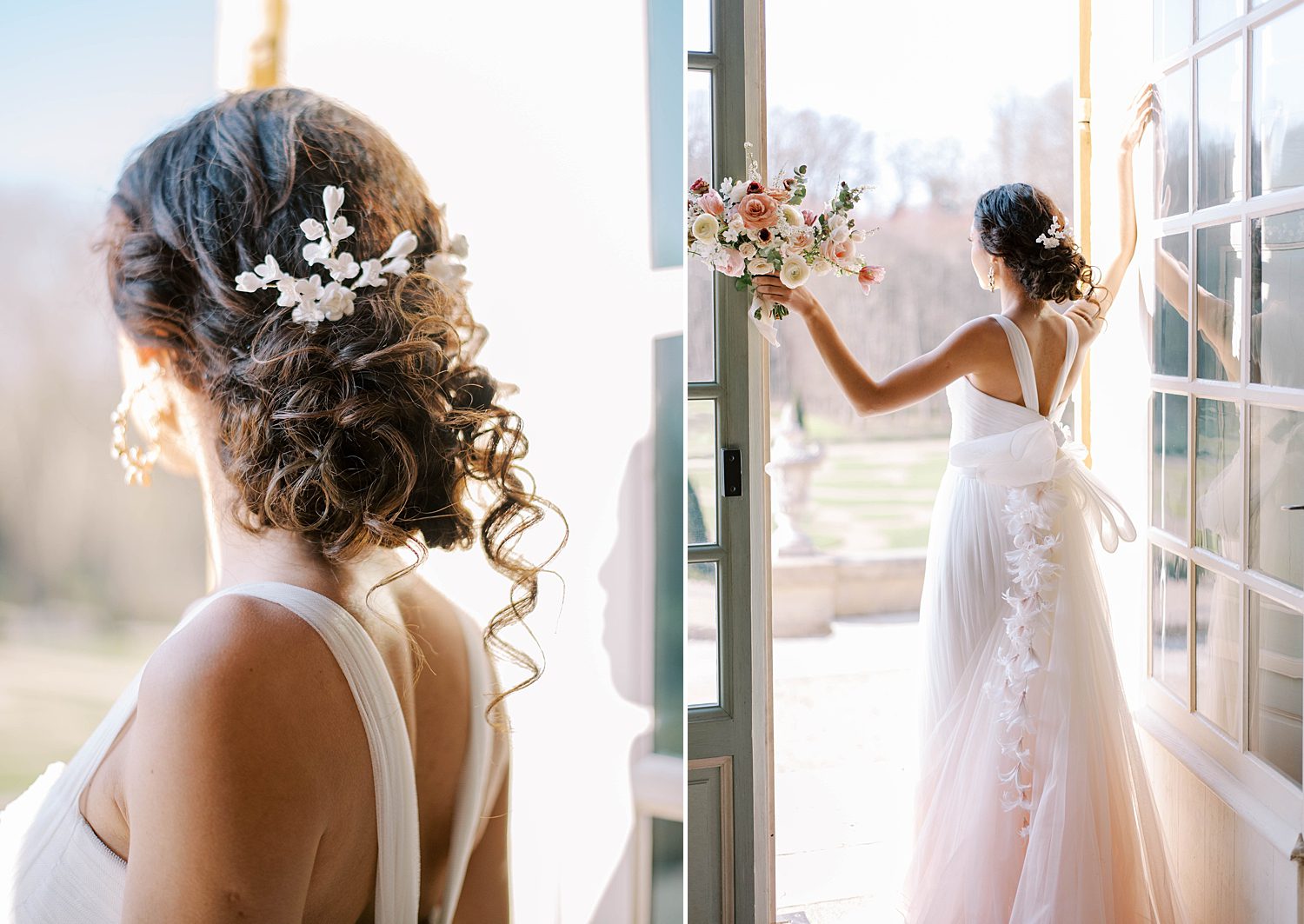 bride stands in doorway with blush Marchesa gown