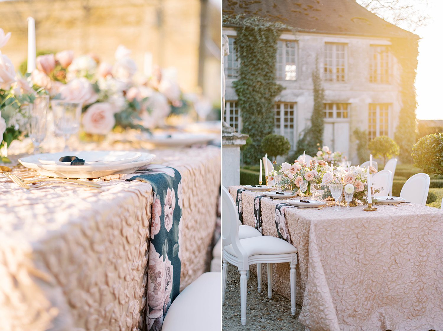 blush and gold wedding reception details for garden celebration at Chateau de Villette