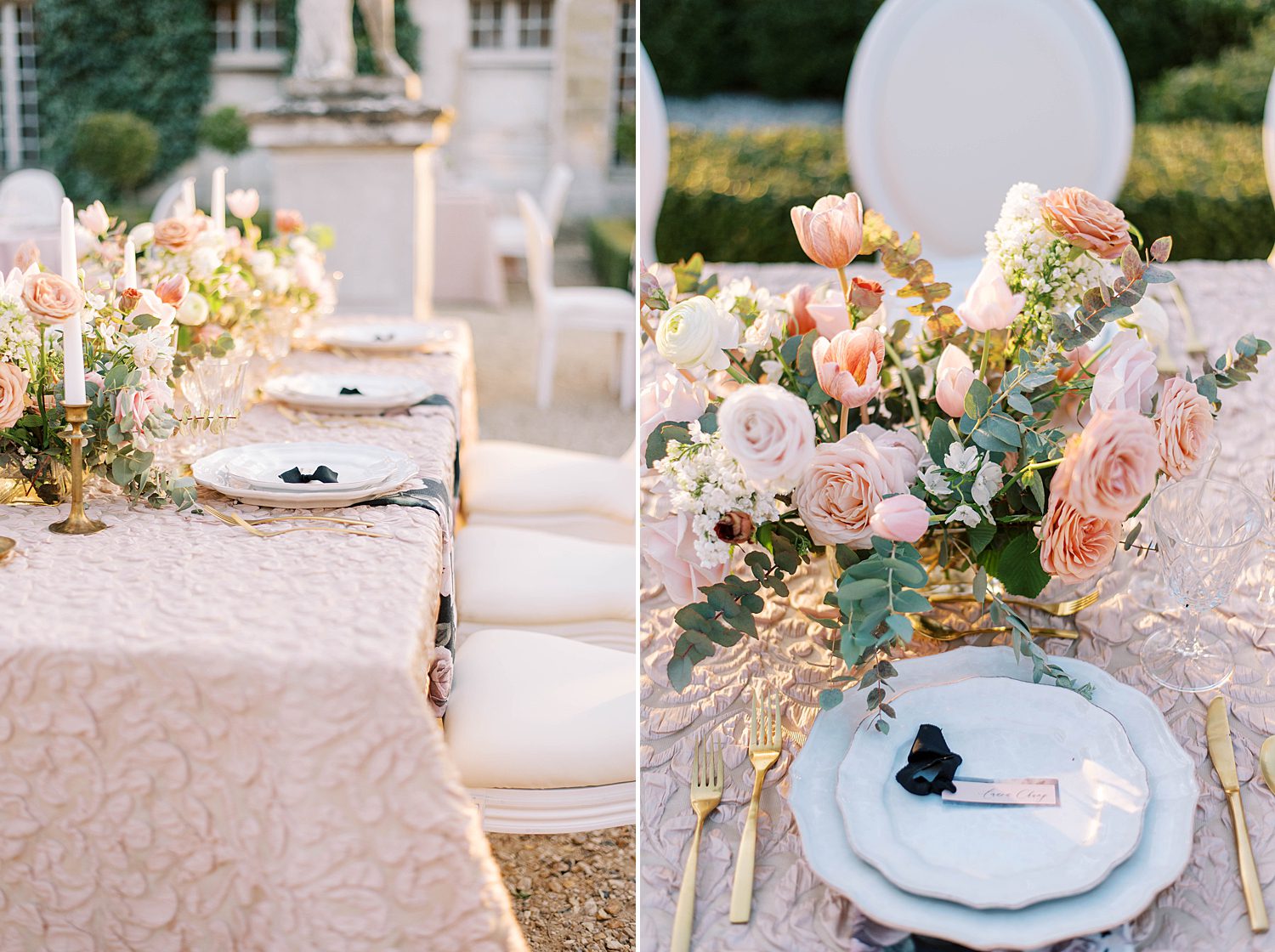 blush and gold details for wedding reception at Chateau de Villette