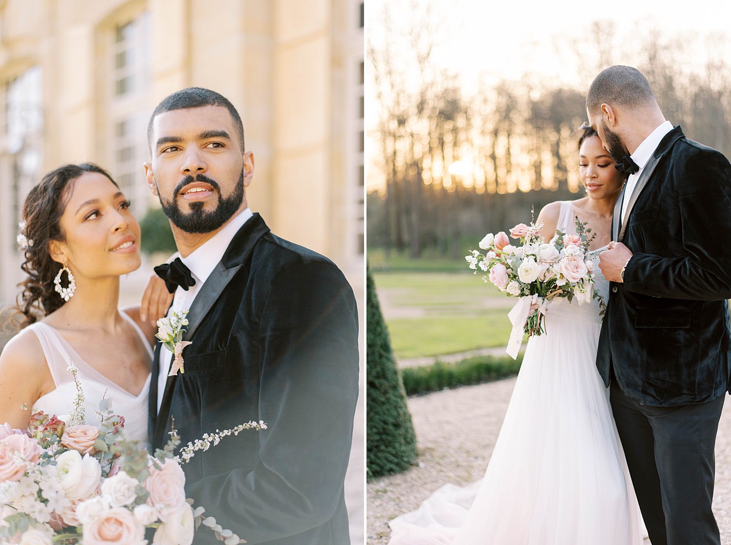 bride and groom stand on patio at sunset in Paris France