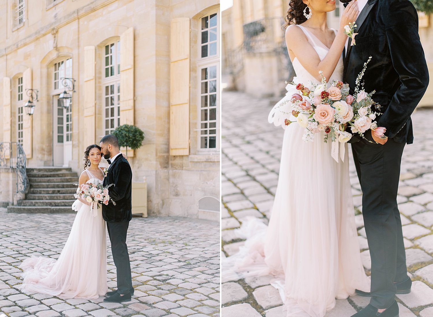 newlyweds stand together hugging at Chateau de Villette