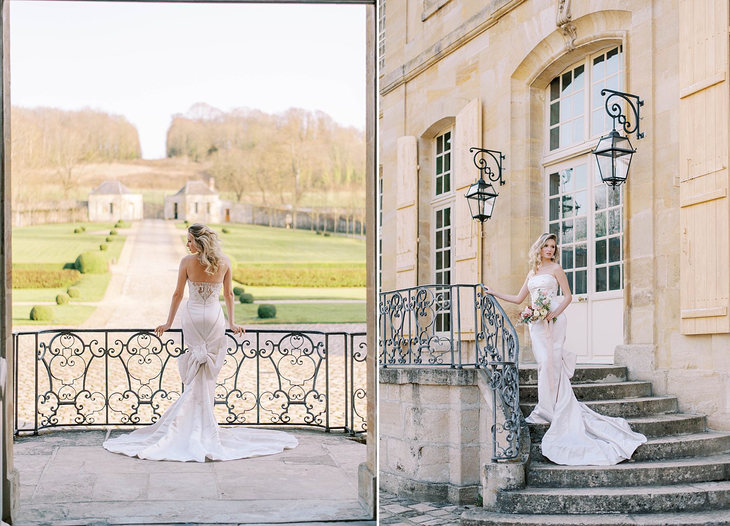 bride stand on balcony of Chateau de Villette