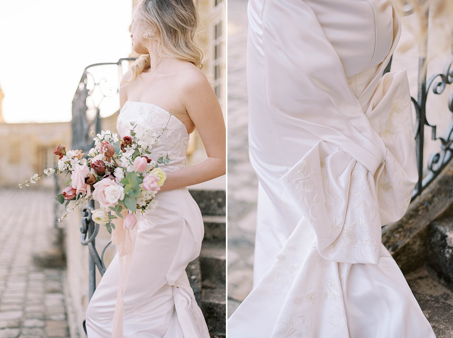 bride in chic Marchesa gown holds bouquet of blush and purple flowers