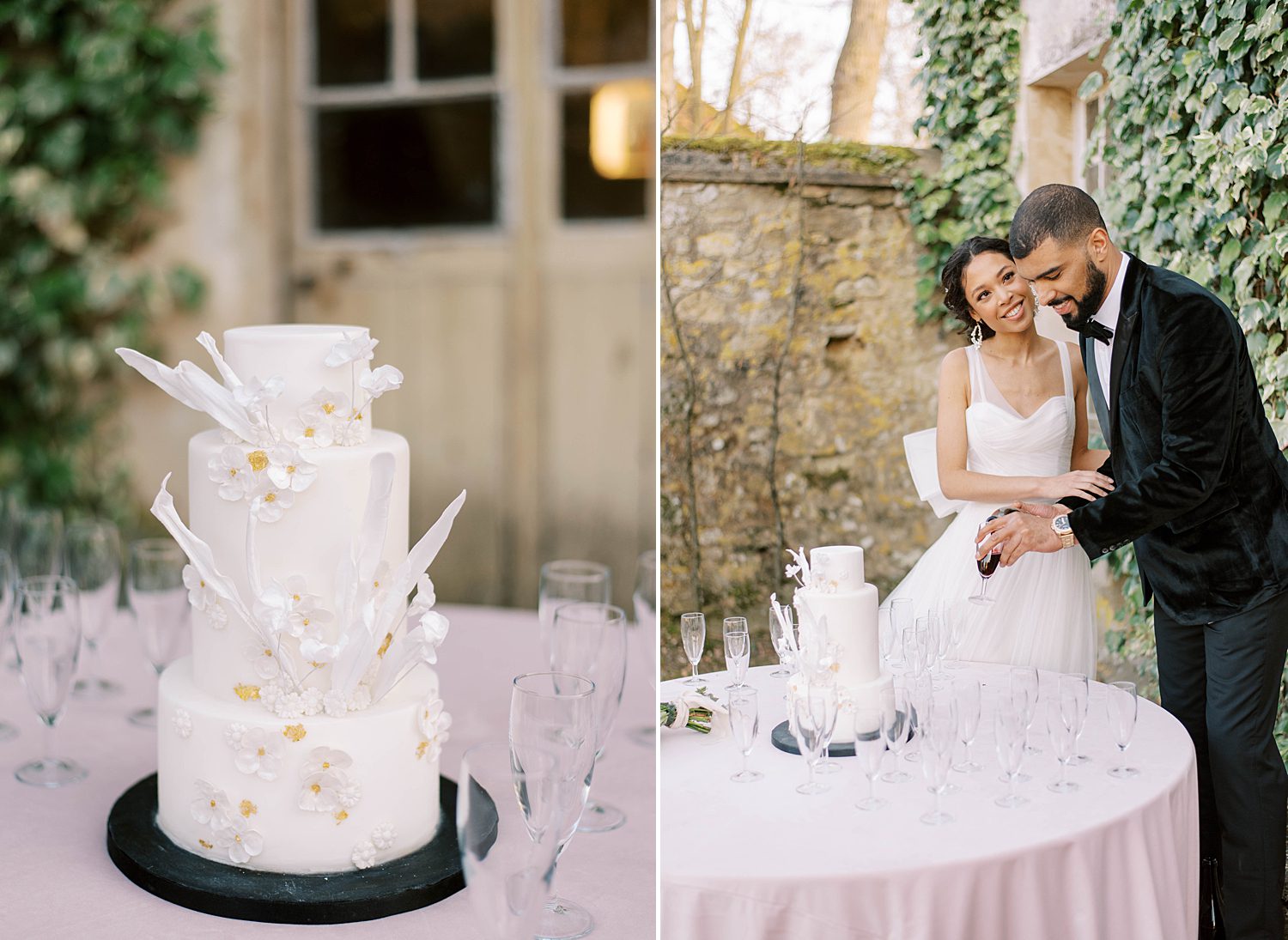 newlyweds cut wedding cake during reception at Chateau de Villette