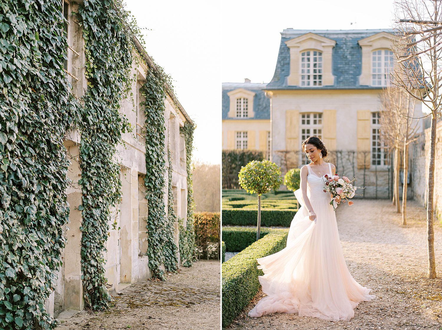 bride walks down pathway outside Chateau de Villette in blush Marchesa gown