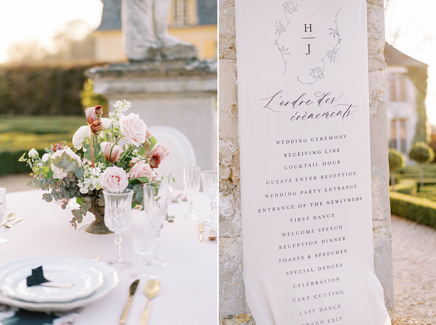 menu and centerpieces for garden wedding reception at Chateau de Villette