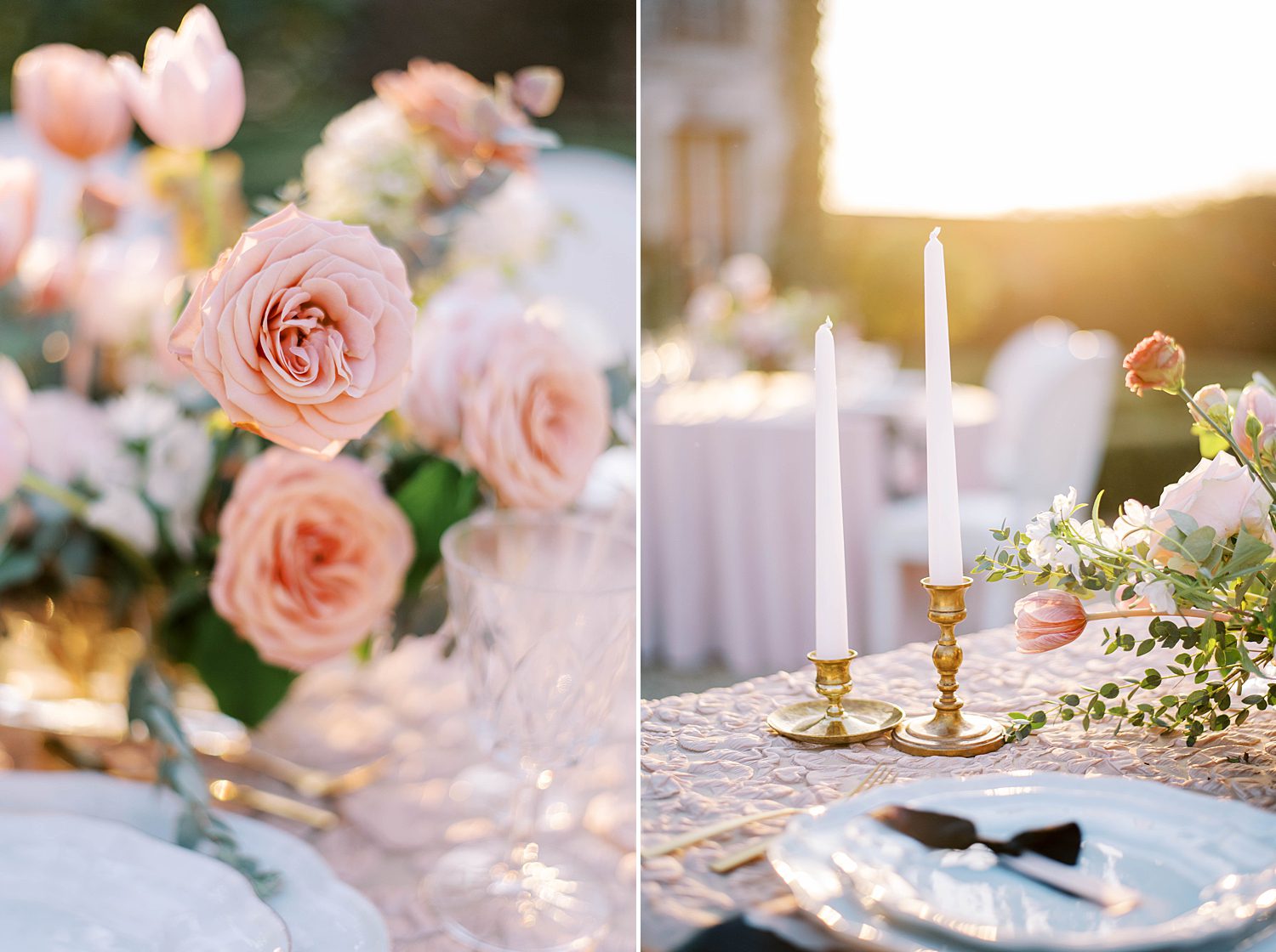 pink and gold details for French wedding reception