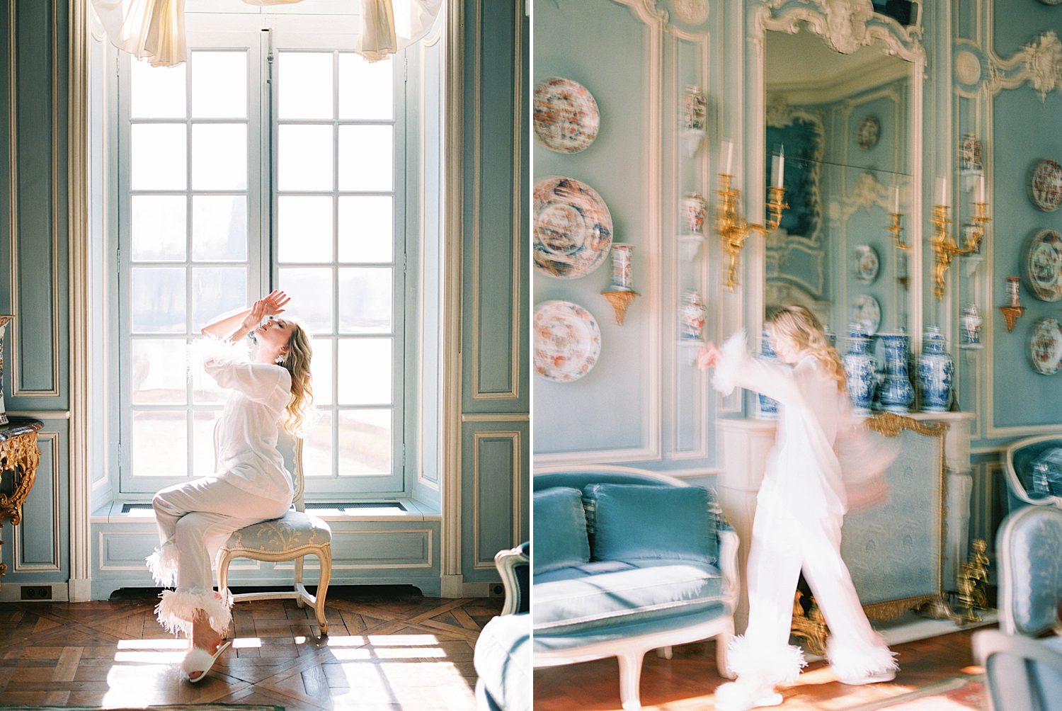 bride gets ready for wedding in ivory pajamas