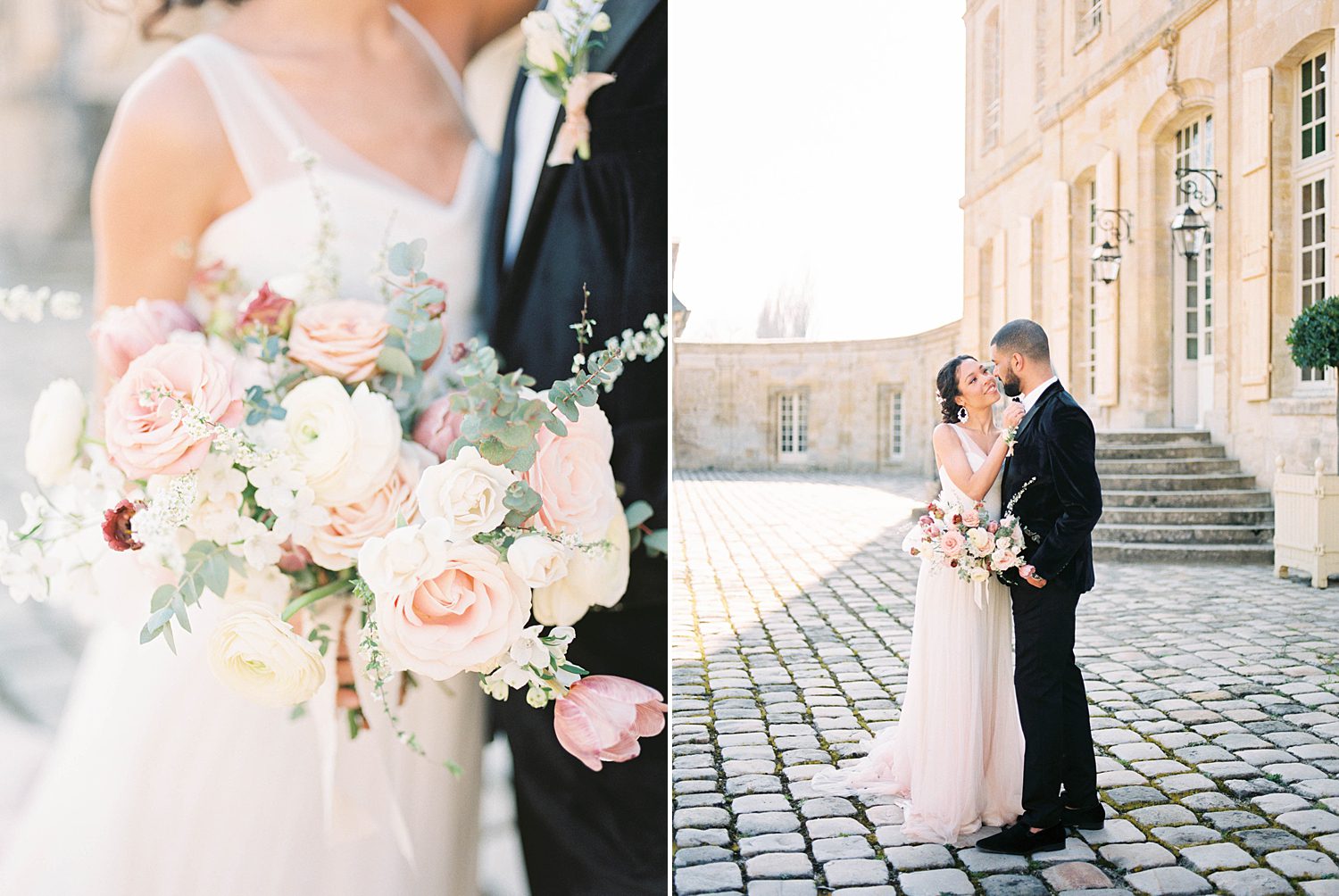 groom hugs bride to him showing off white and pink bouquet