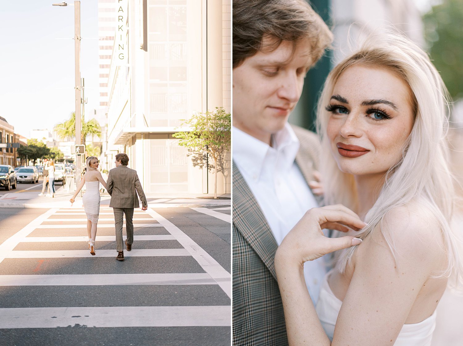engaged couple walks on cross walk in Downtown Tampa