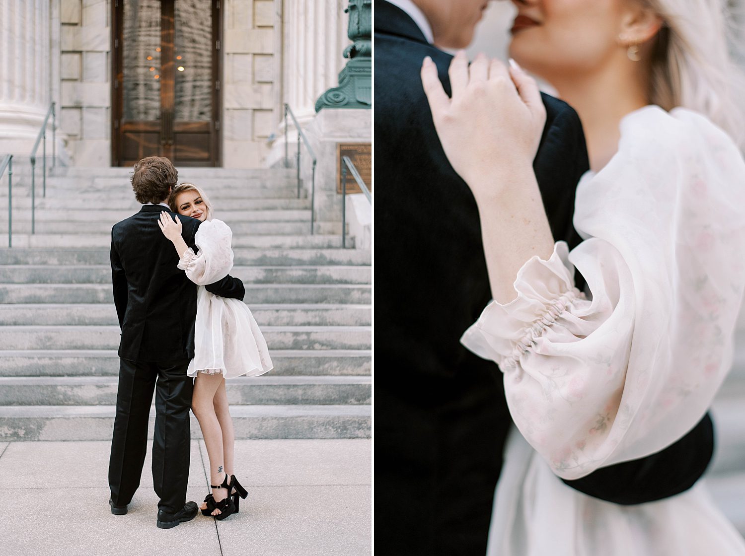 engaged couple dances in front of city hall steps 