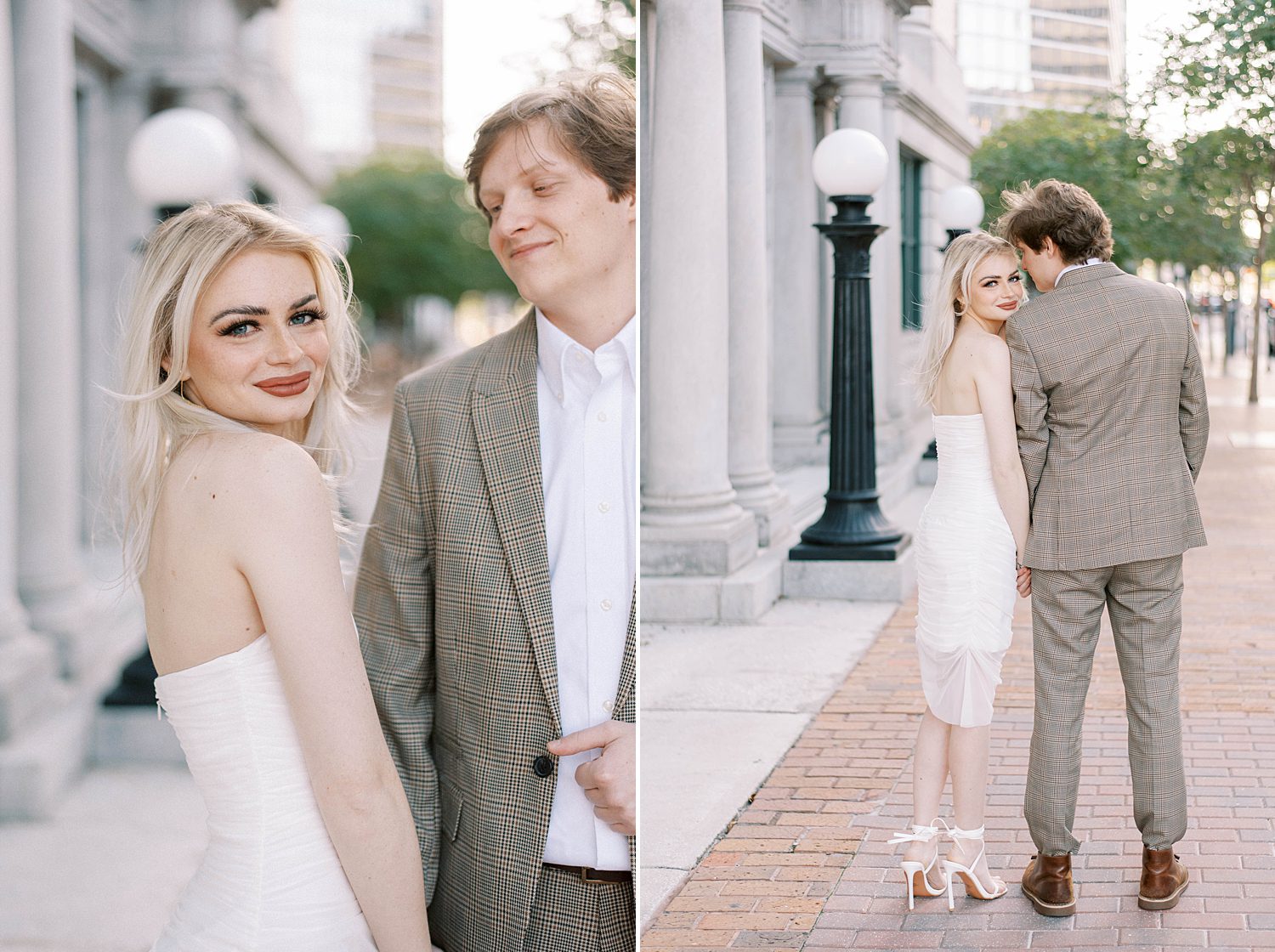 couple walks by City Hall during downtown Tampa engagement session