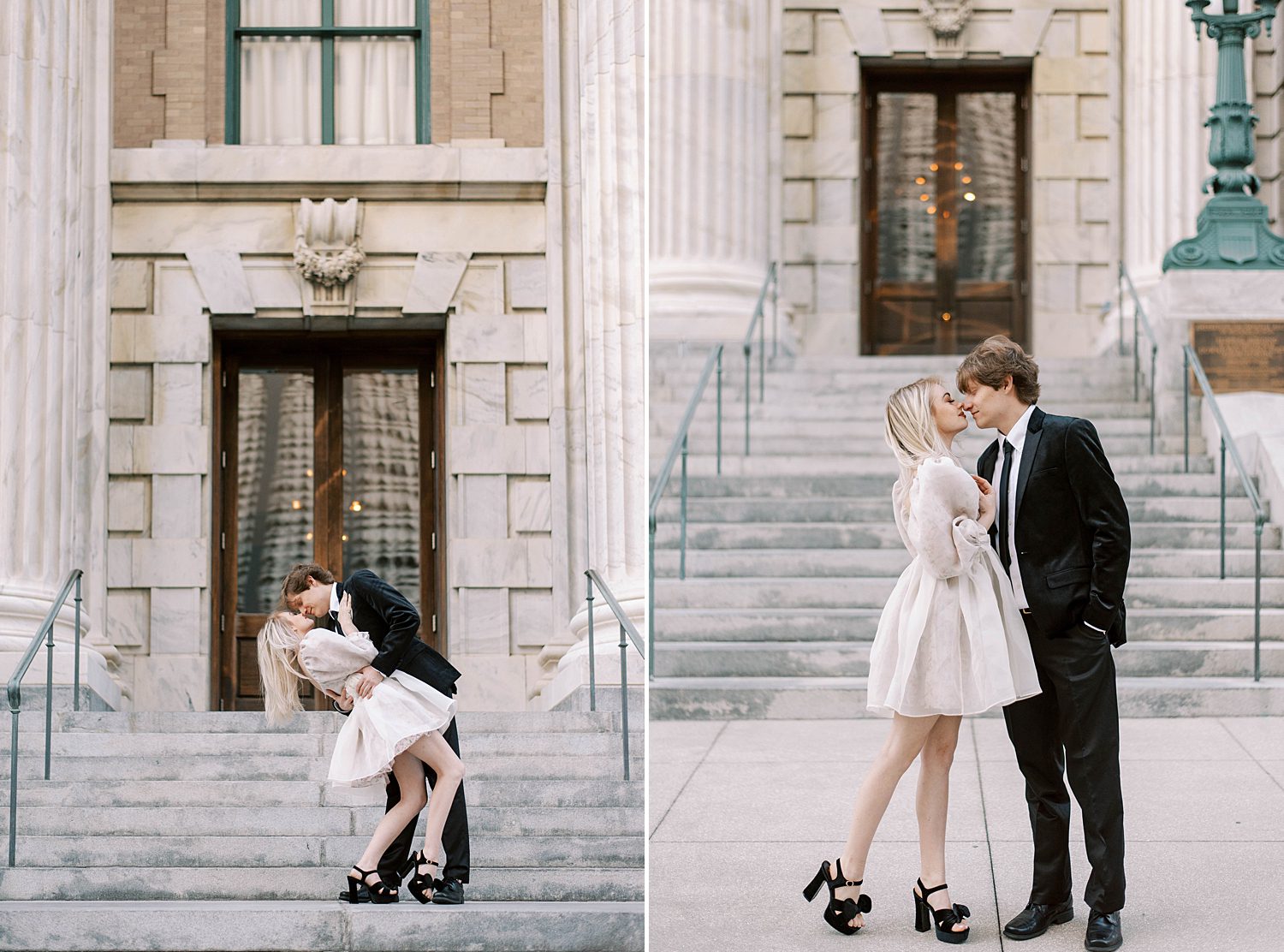 couple kisses on front steps of City Hall during downtown Tampa engagement session