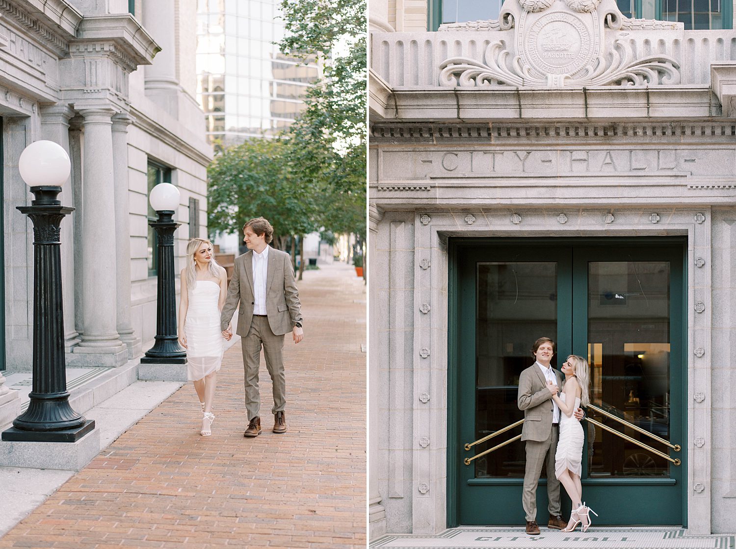 downtown Tampa engagement session for stylish couple by City Hall