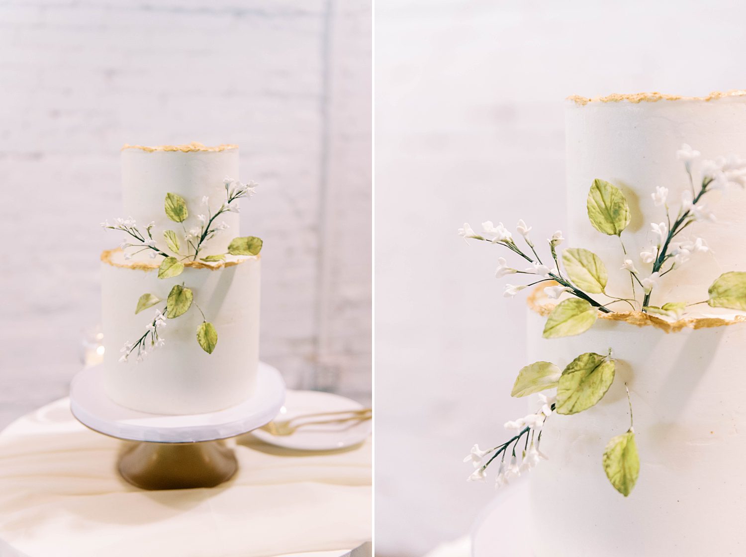 wedding cake with foil edging and white flowers