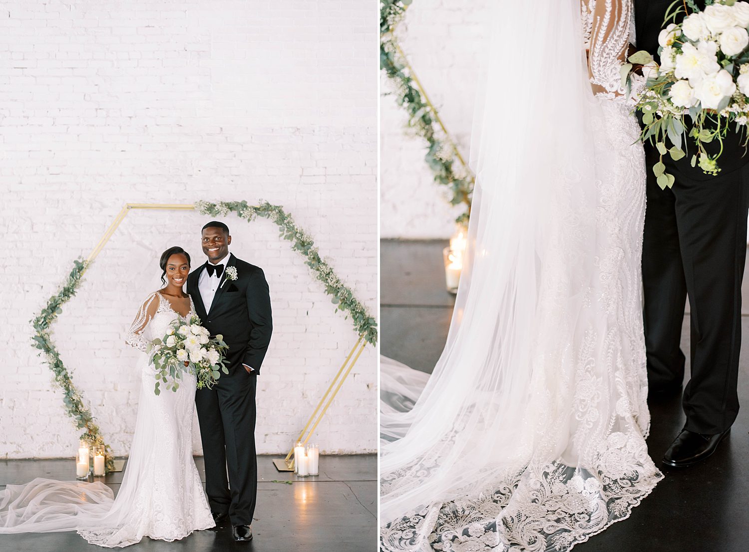 newlyweds stand by golden arbor with greenery along the edge at Haus 820