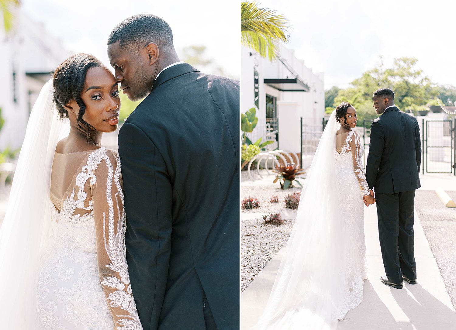 newlyweds walk down street in Central Florida