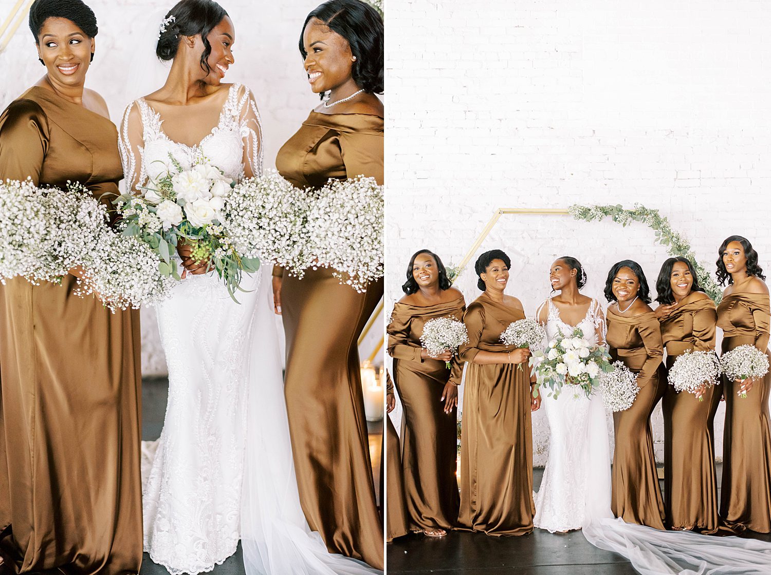 bride laughs with bridesmaids in gold gowns in Florida