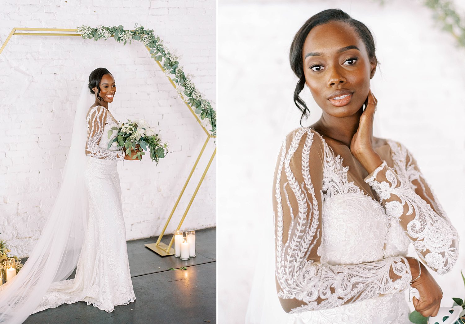 bride poses in long sleeve wedding gown by golden arbor at Haus 820