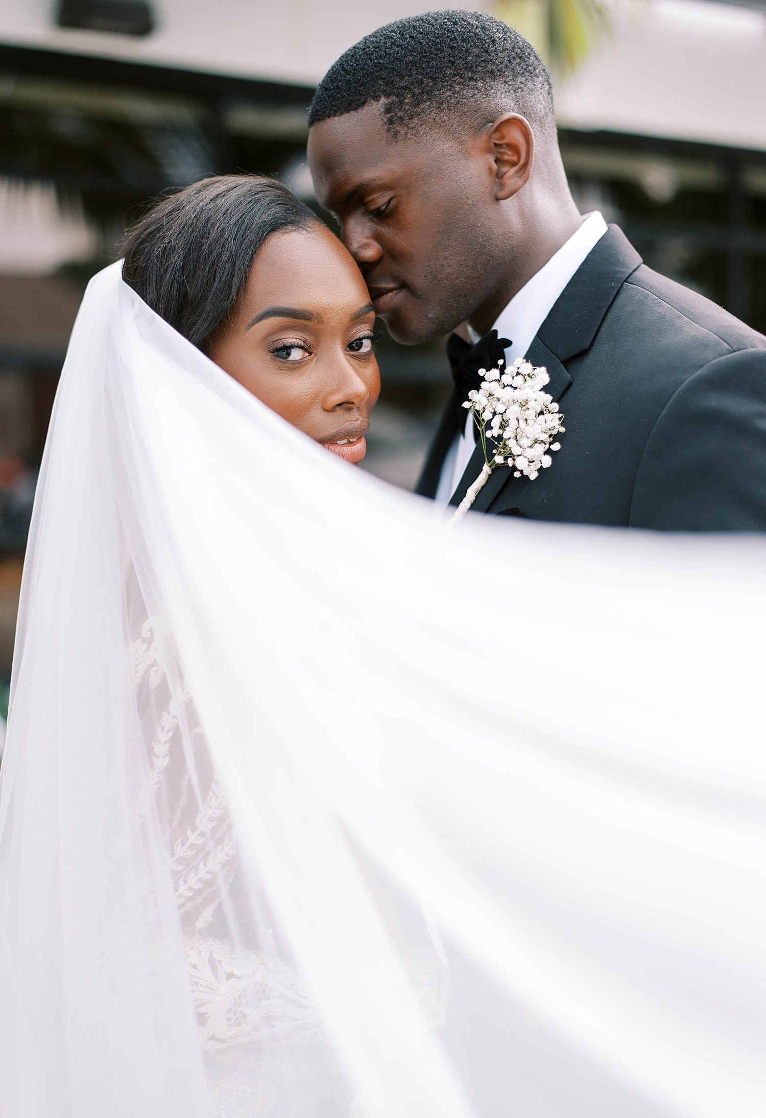 groom leans into bride's forehead with veil draped around them