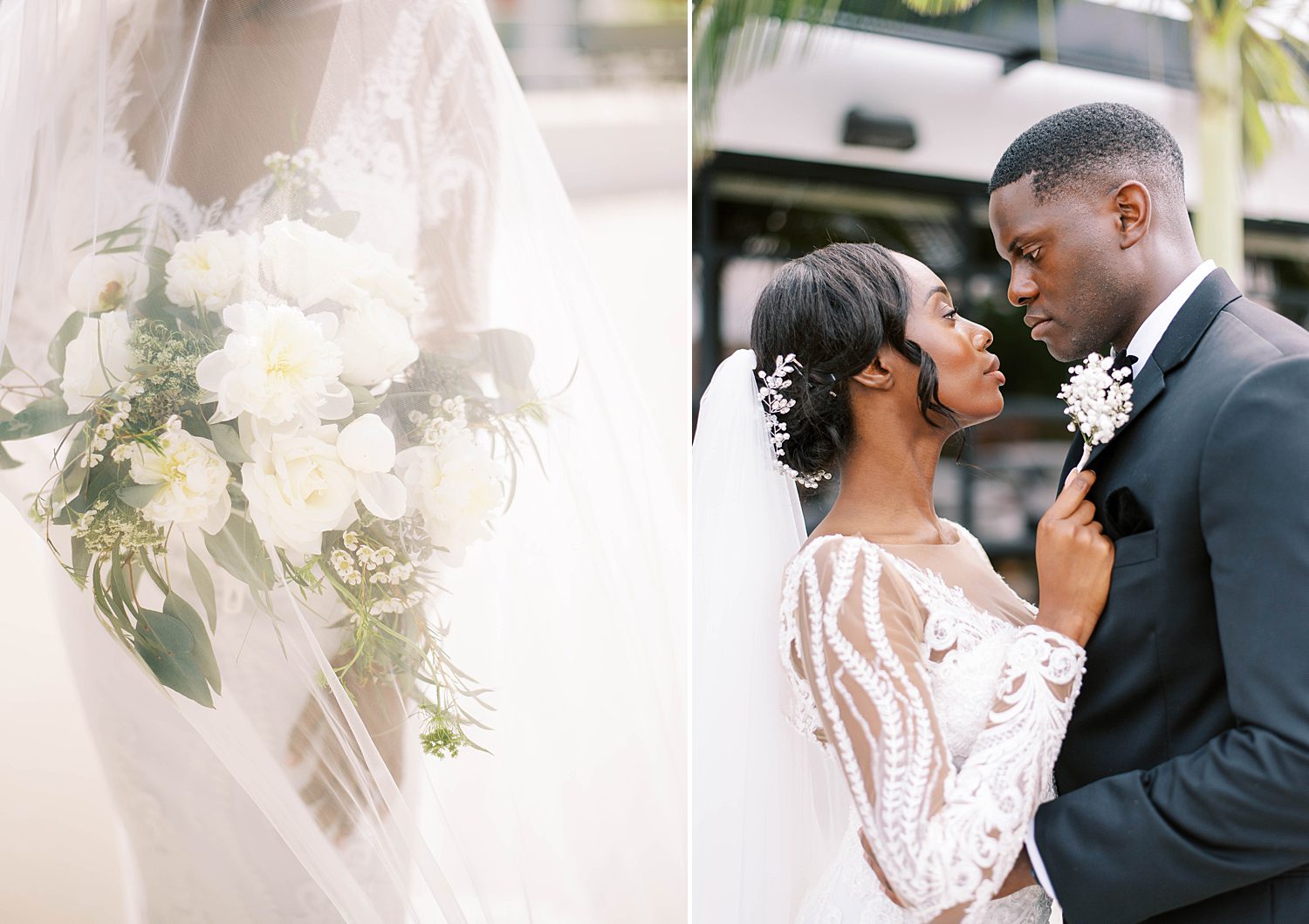 bride and groom look at each other while bride holds groom's lapel